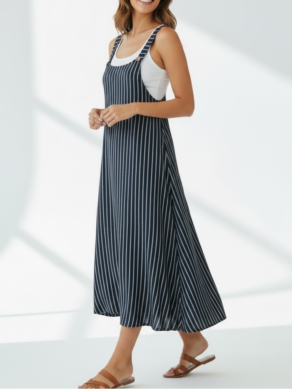 Vasna Italian Linen Pinstriped Navy and White Midi Dress